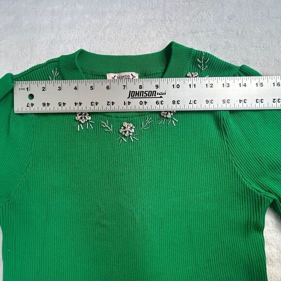 Nanette Lepore Womens Ribbed Embellished Sweater Size Large Green Short Sleeve - Picture 5 of 8